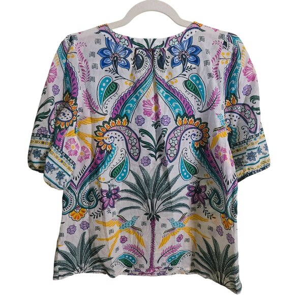 Talbots Birds And Palms Popover Blouse Tropical Vacation Sustainable Size L - Picture 3 of 9
